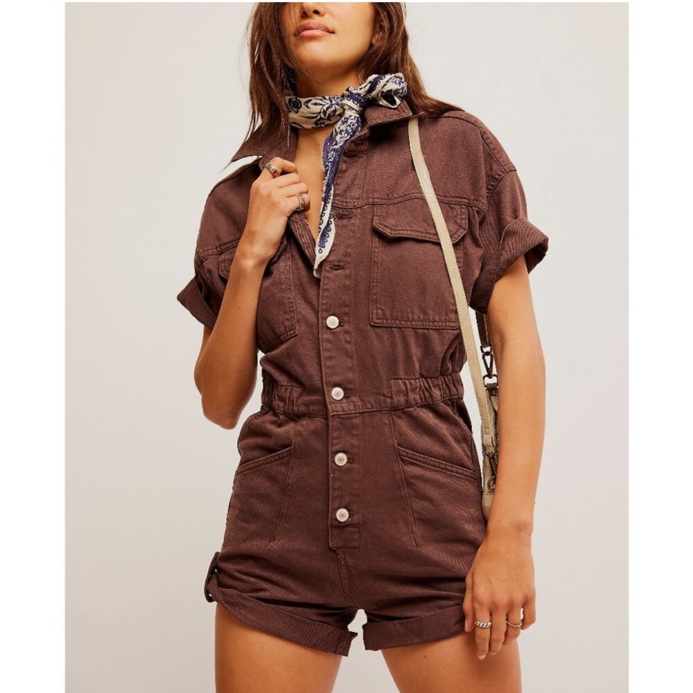 Free People Marci Cuffed Shortalls in Mocha